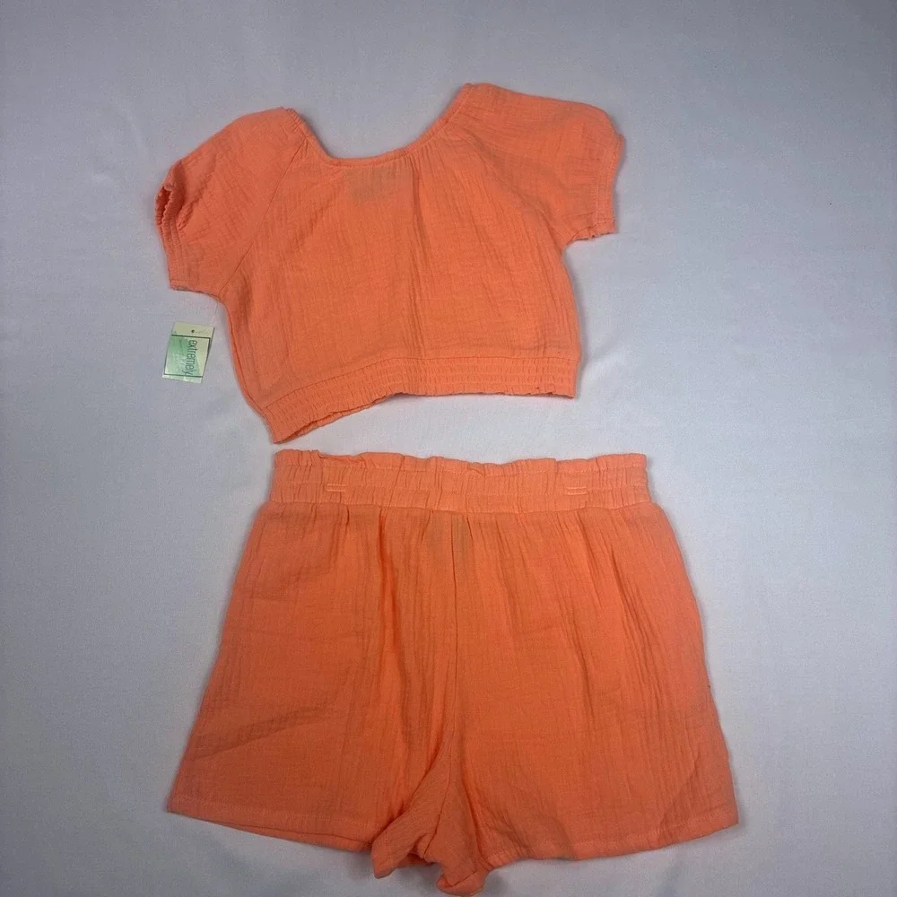 Girls Short Set 14 Peach/Coral NWT Gauze 100%‎ Cotton Crop Top Shorts 2pc Set